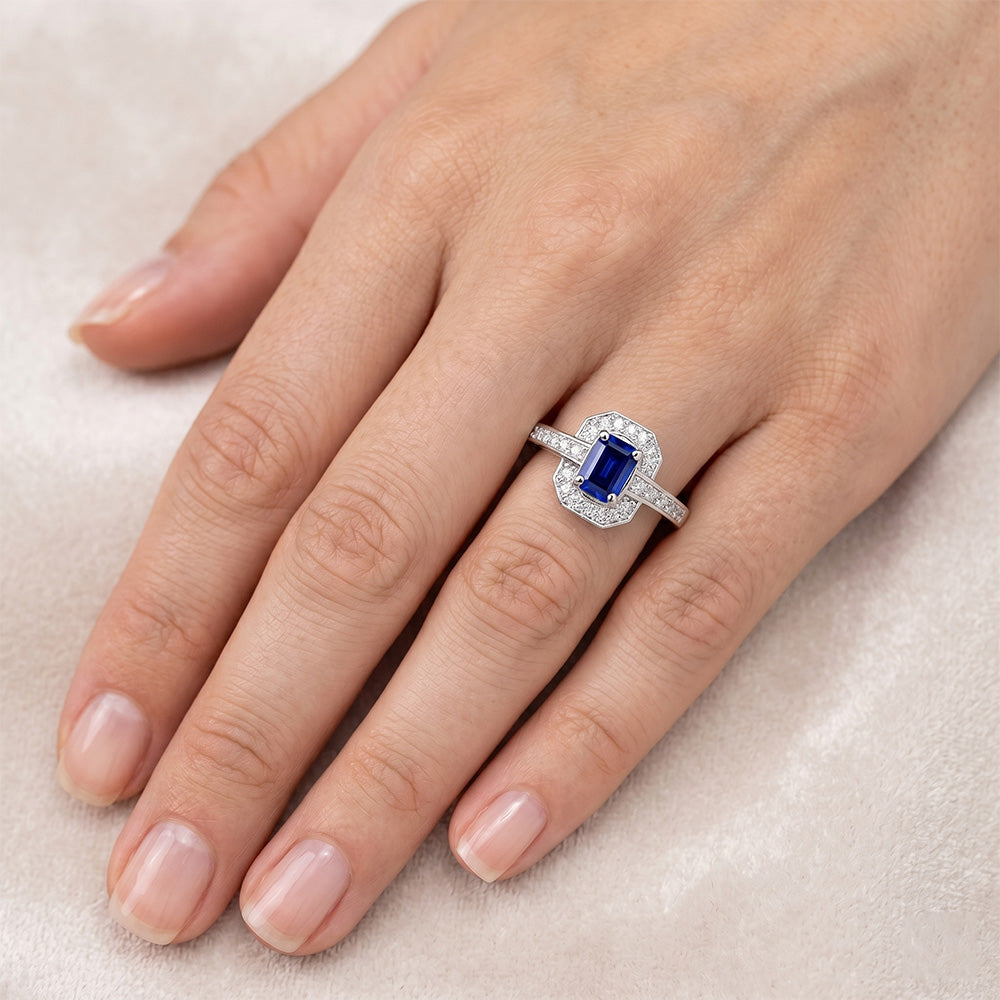 1.70 Karat Smaragdschliff Ceylon Saphir Aus der Erde Abgebauter Natürlicher Diamant Ring Weißgold 14K