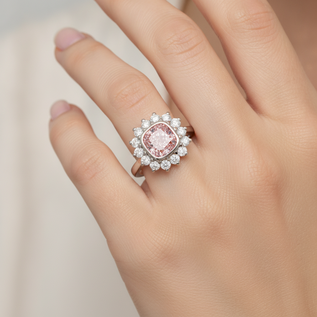 Verlobungsring mit rosa Edelstein, 1 Karat im Labor gezüchteter Diamant im Kissenschliff, Halo, 14 Karat Weißgold