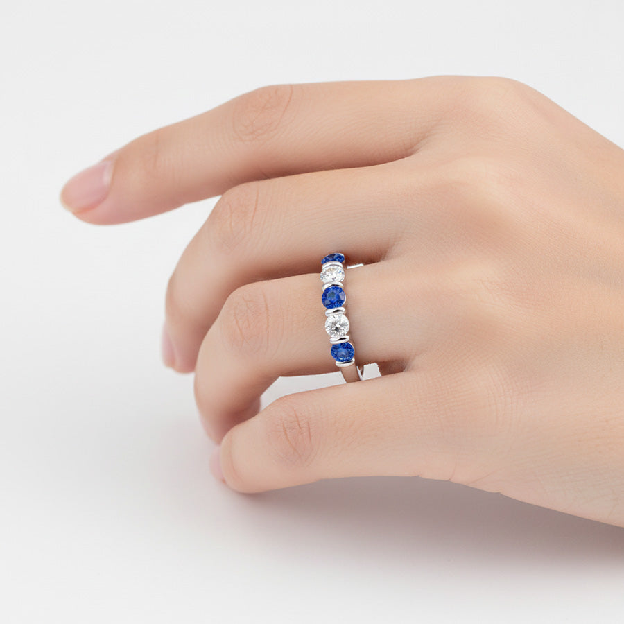 1.25 Ct Ceylon Saphir mit Aus der Erde Abgebauter Natürlicher Diamanten Fünf-Stein-Ring Gold14K