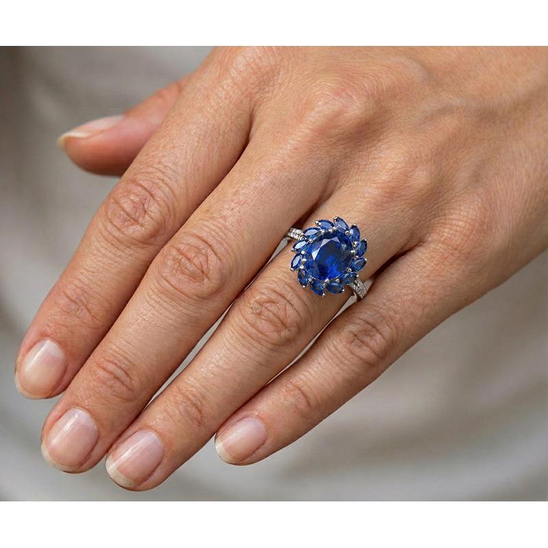 10.50 Karat Oval und Marquise Sri Lanka Saphir Ring Weißgold 14K