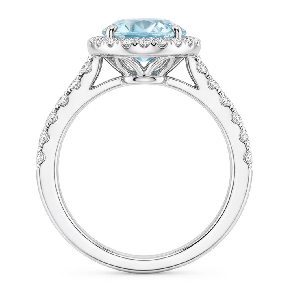 11.70 Kt Ovaler Aquamarin und runder Aus der Erde Abgebauter Natürlicher Diamanten Ring 14K Weißgold
