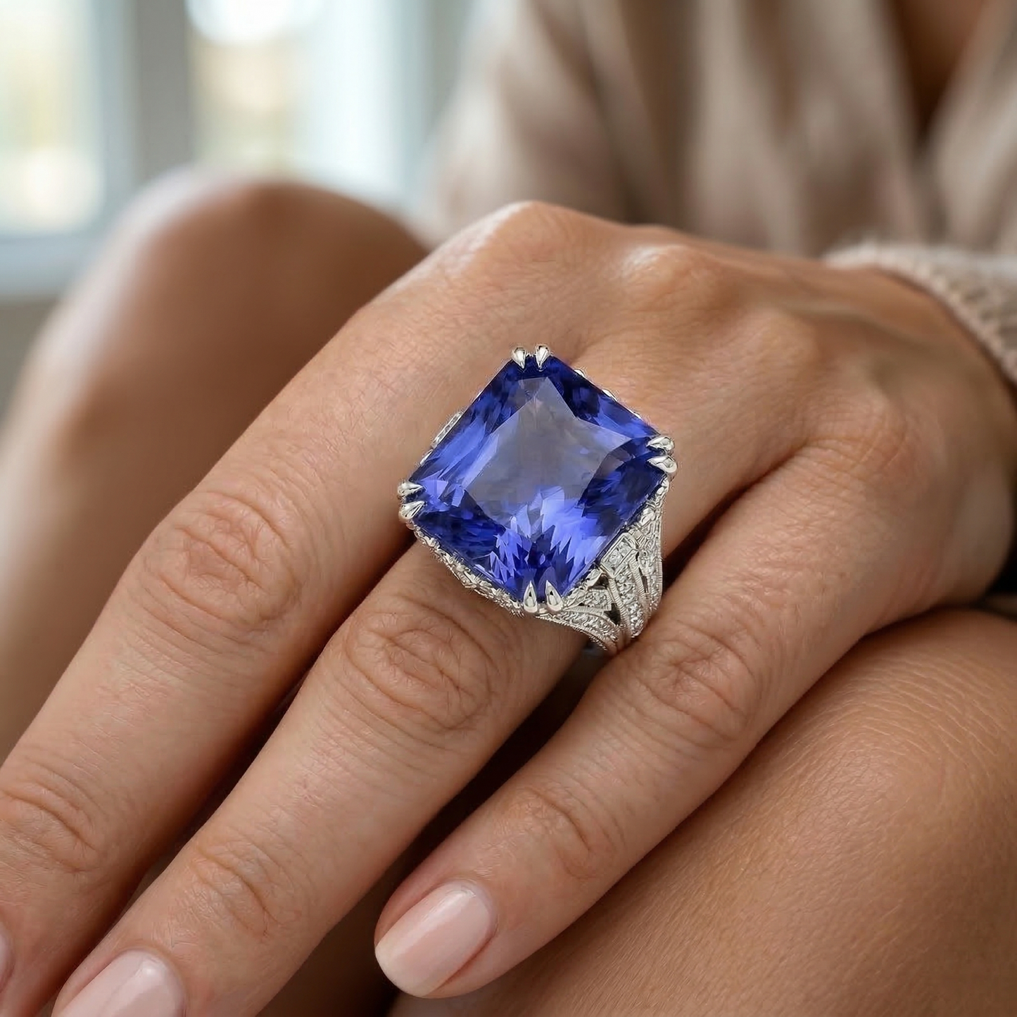 11.51 Karat Kissen Sri Lanka Saphir Runder Aus der Erde Abgebauter Natürlicher Diamant Weißgold Ring
