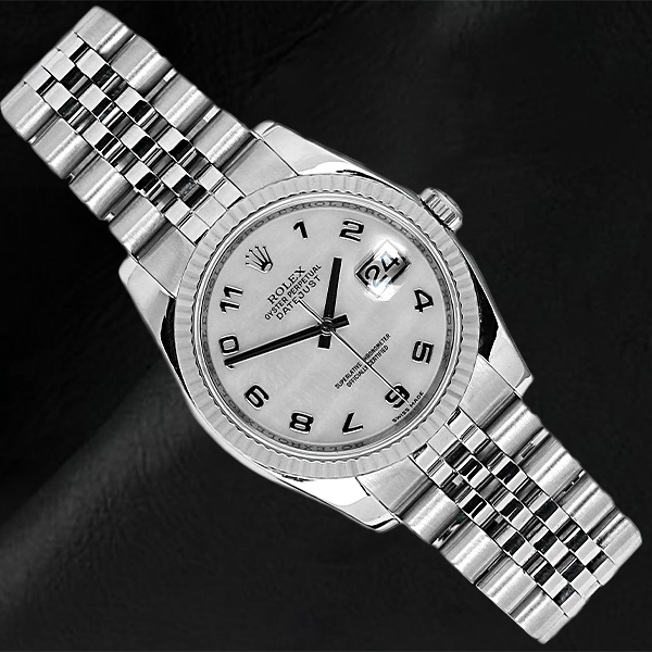 116234 Rolex Uhr mit weiBem Perlmutt Zifferblatt und arabischem Zifferblatt 36 mm