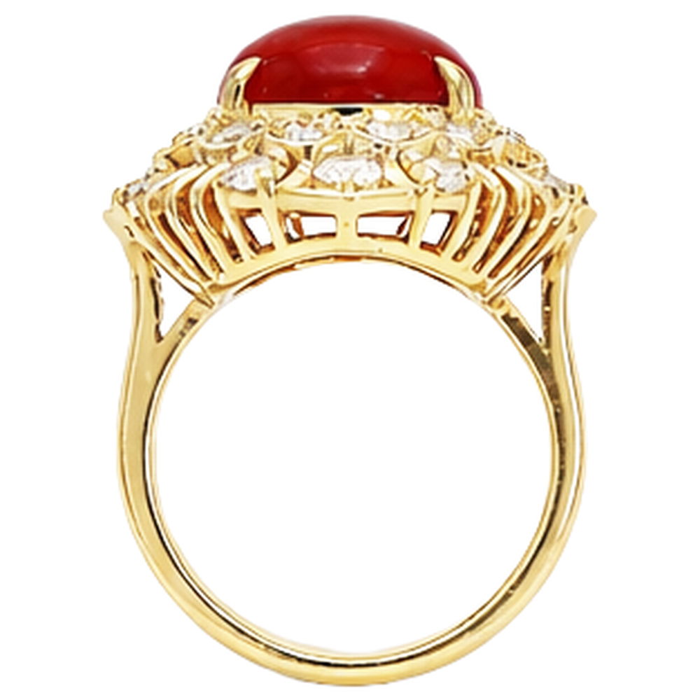13.50 Kt Oval Rote Koralle Mit Runden Aus der Erde Abgebauter Natürlicher Diamanten Ring Gelbgold 14K