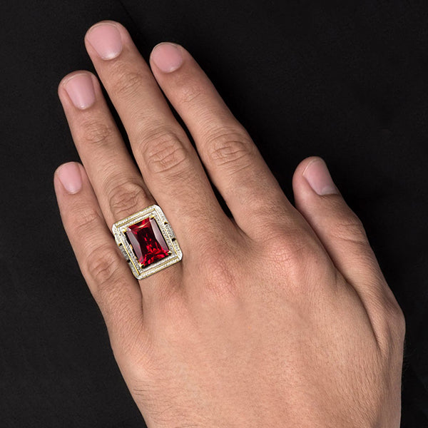 13 Karat Großer Smaragd Schliff Roter Aaa Herren Rubin Ring Mit Aus der Erde Abgebauter Natürlicher Diamant Gelb Gold 14K