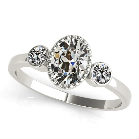 14K Gold 3 Steine Ring Oval Old Mine Cut Echt Diamant Lünette Set 4.50 Karat