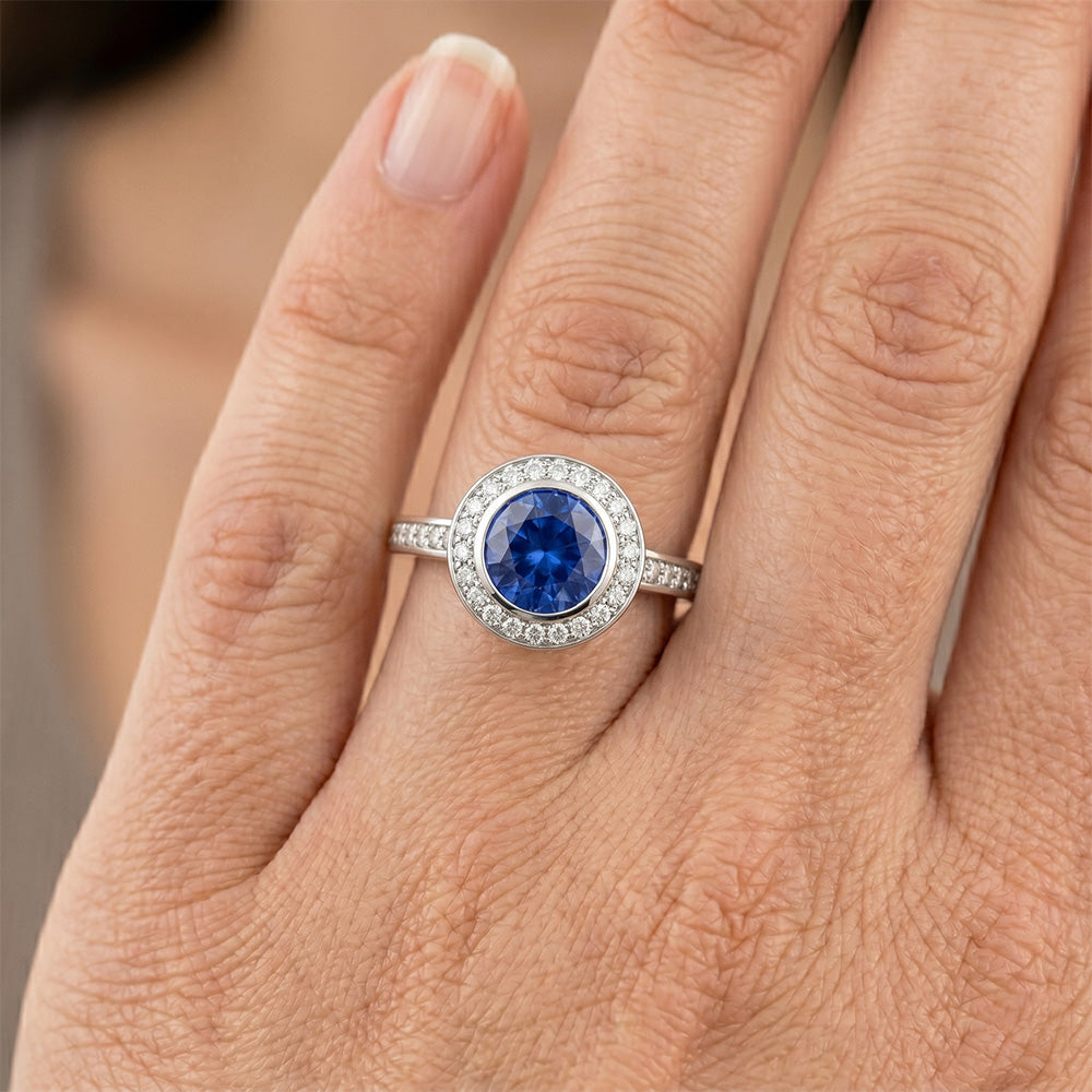 14K Lünette Ceylon Saphir Aus der Erde Abgebauter Natürlicher Diamant Verlobungsring 3.42 Karat
