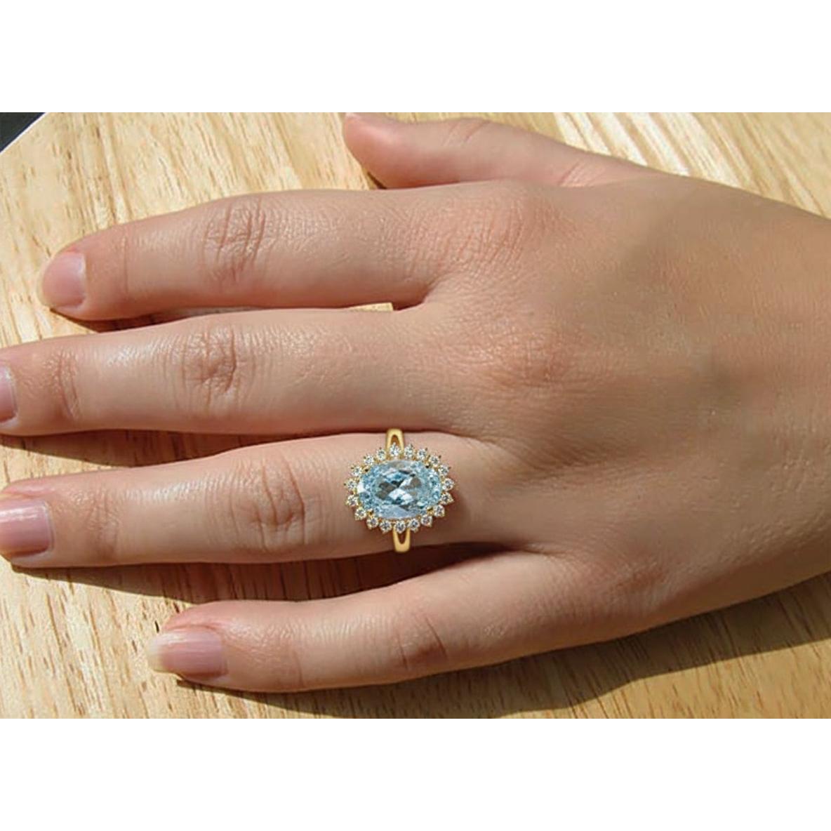 14K Weißgold Aquamarin mit Aus der Erde Abgebauter Natürlicher Diamanten 9 Karat Verlobungsring