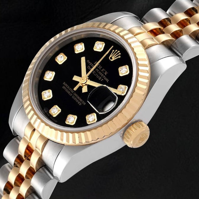 179173 Lady Rolex Datejust Schwarzes Diamantzifferblatt Jahr 2012 Versteckter Verschluss