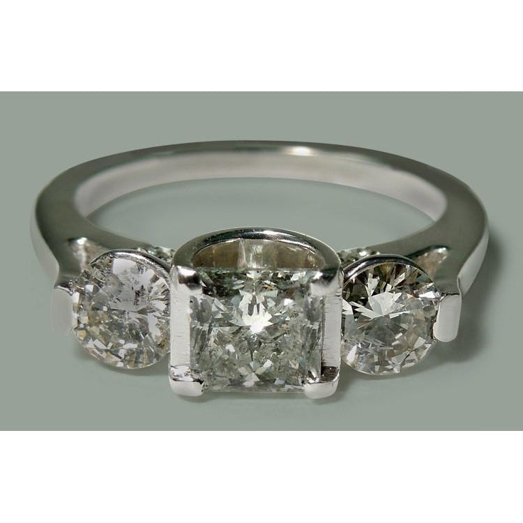 1,95 Karat Prinzessin & Runden Echt Aus der Erde Abgebauter Natürlicher DiamantDrei-Steine-Stil Ring Weißgold