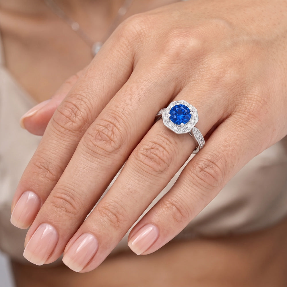 1,5 Karat Saphir und Aus der Erde Abgebauter Natürlicher Diamant Ehering 14K Weißgold