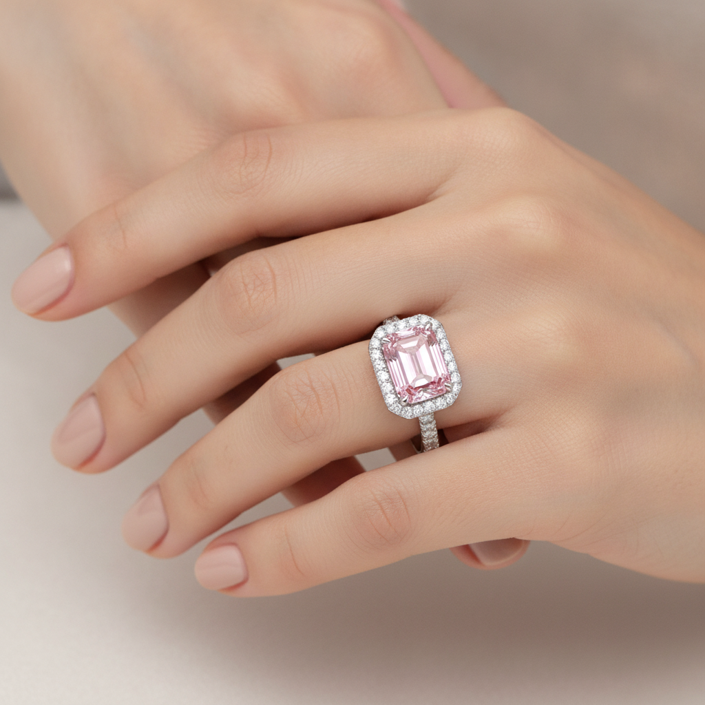 Ring mit rosa Diamant, 2,5 Karat, im Labor gezüchtet, Smaragdschliff, Halo, 14 Karat Weißgold