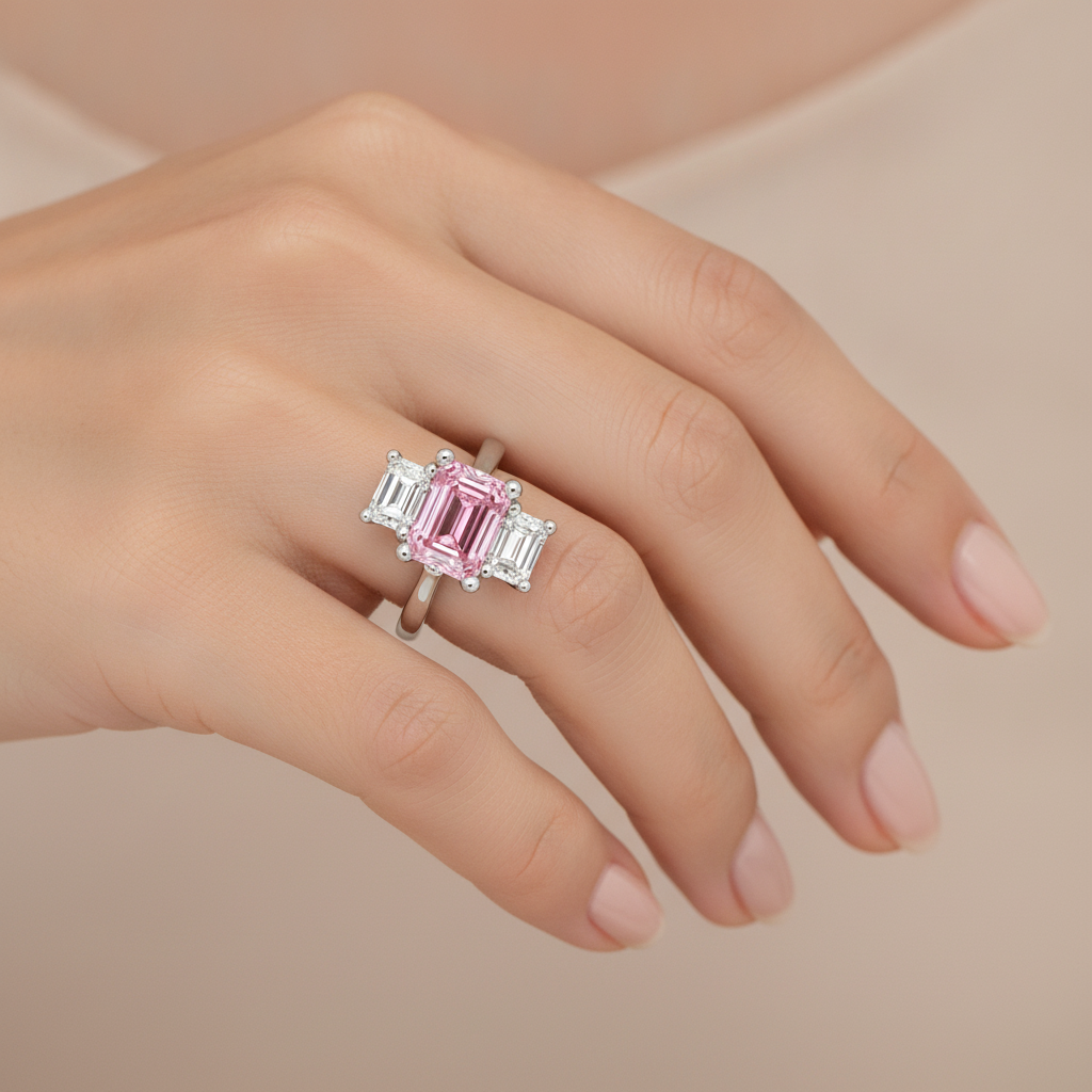 Verlobungsring mit rosa Diamant, 2,5 Karat, im Labor gezüchtet, Smaragdschliff, Drei Steine, Kathedral-Fassung, 14 Karat Weißgold