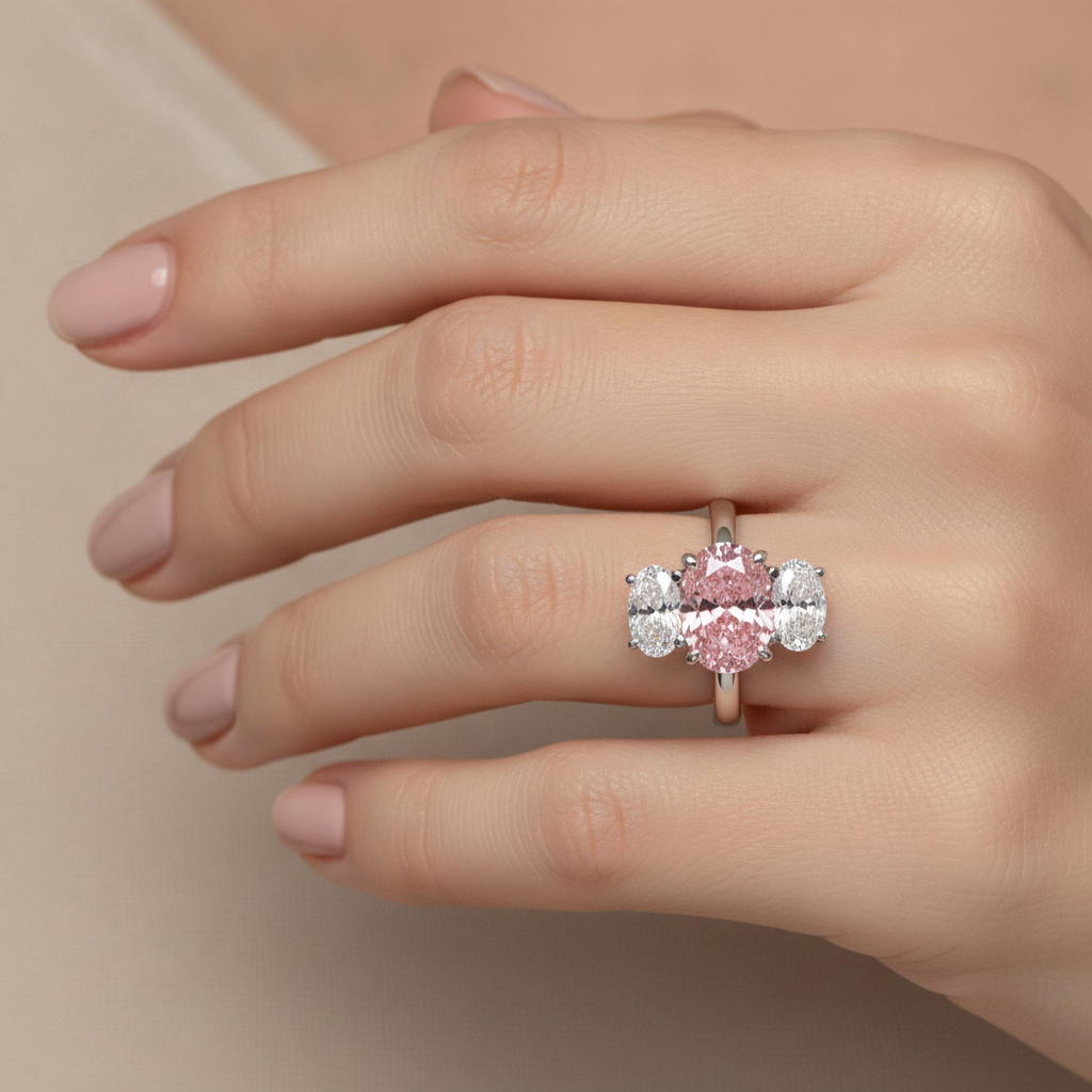 Rosa Verlobungsring 2,5 Karat im Labor gezüchteter ovaler Diamant Dreistein 14 Karat Weißgold