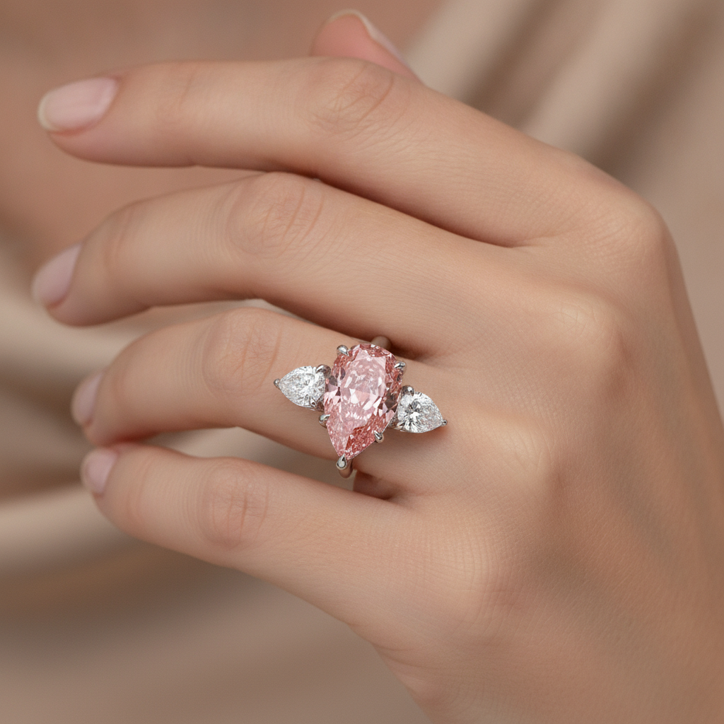 Dreistein-Goldring aus 14 Karat Weißgold mit rosa Diamant, 2,5 Karat, Tropfenschliff, im Labor gezüchtet