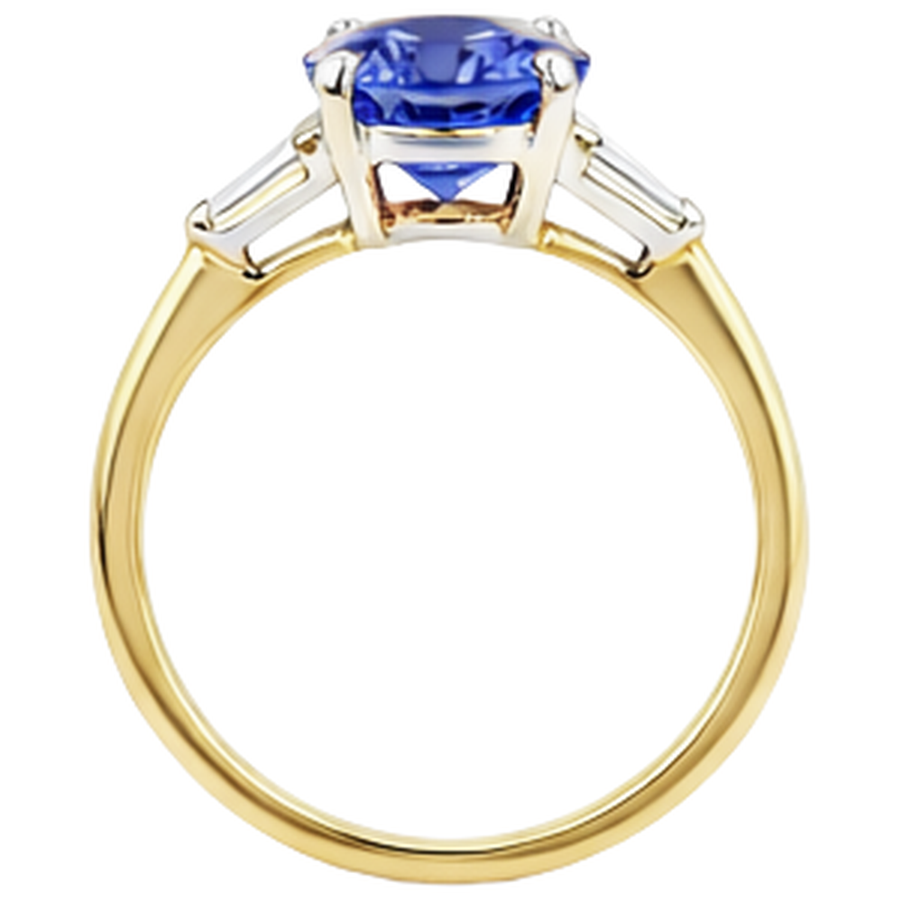 2.55 Karat Tansanit und Baguette Aus der Erde Abgebauter Natürlicher Diamanten Drei-Stein-Ring 14K