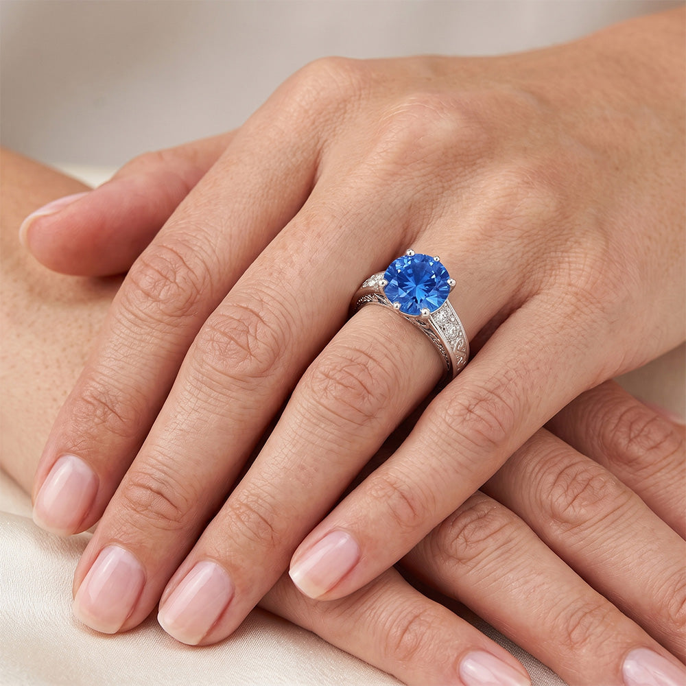 2.60 Karat Runder Ceylon Saphir Aus der Erde Abgebauter Natürlicher Diamanten Ring 14K Weißgold