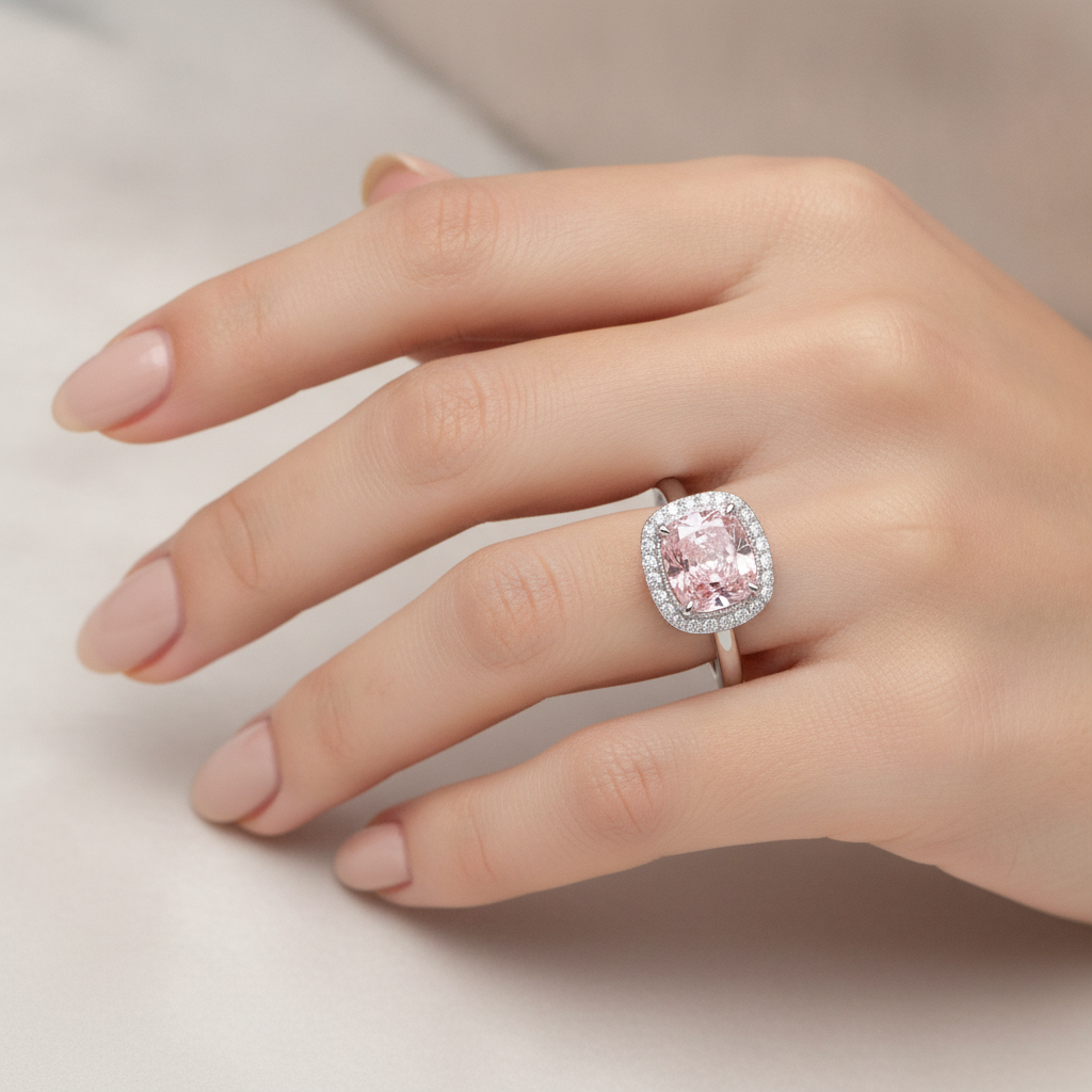 Rosa Diamantring 2,75 Karat im Labor gezüchtet Kissenschliff Halo 14 Karat Weißgold