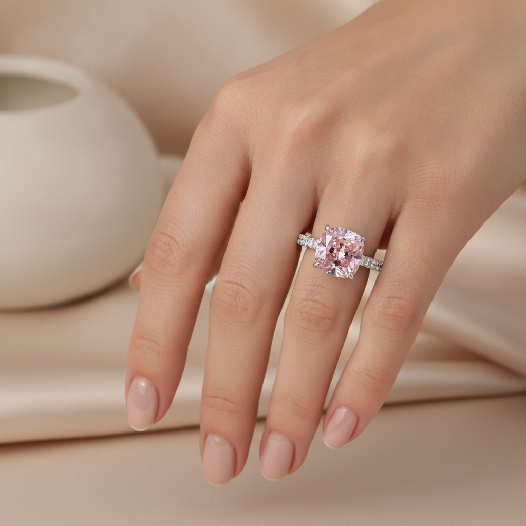 Rosa Diamantring 2,75 Karat im Labor gezüchtet Kissenschliff Pavé 14 Karat Weißgold