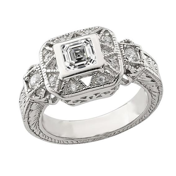 2 Karat Antiker Halo Ring rund & Asscher Echt Diamant Milgrain