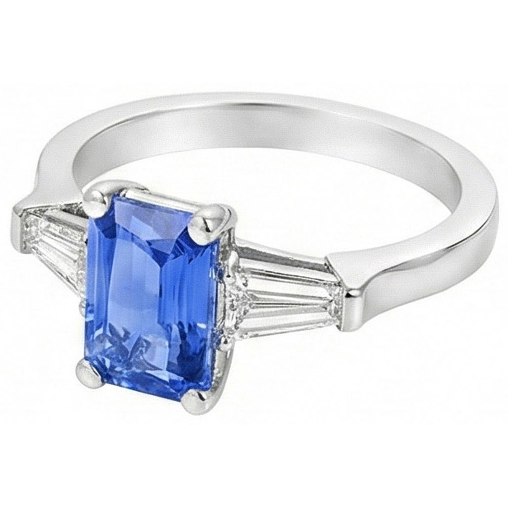 2 Karat Damenschmuck Blauer Saphir Ring Tapered Baguette 3 Steine
