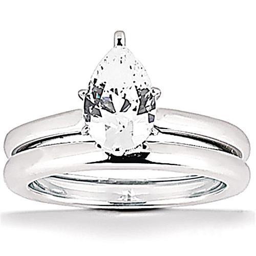 2 Kt. Echt Diamant-Birnenschliff-Verlobungsband-Set Goldring Neu