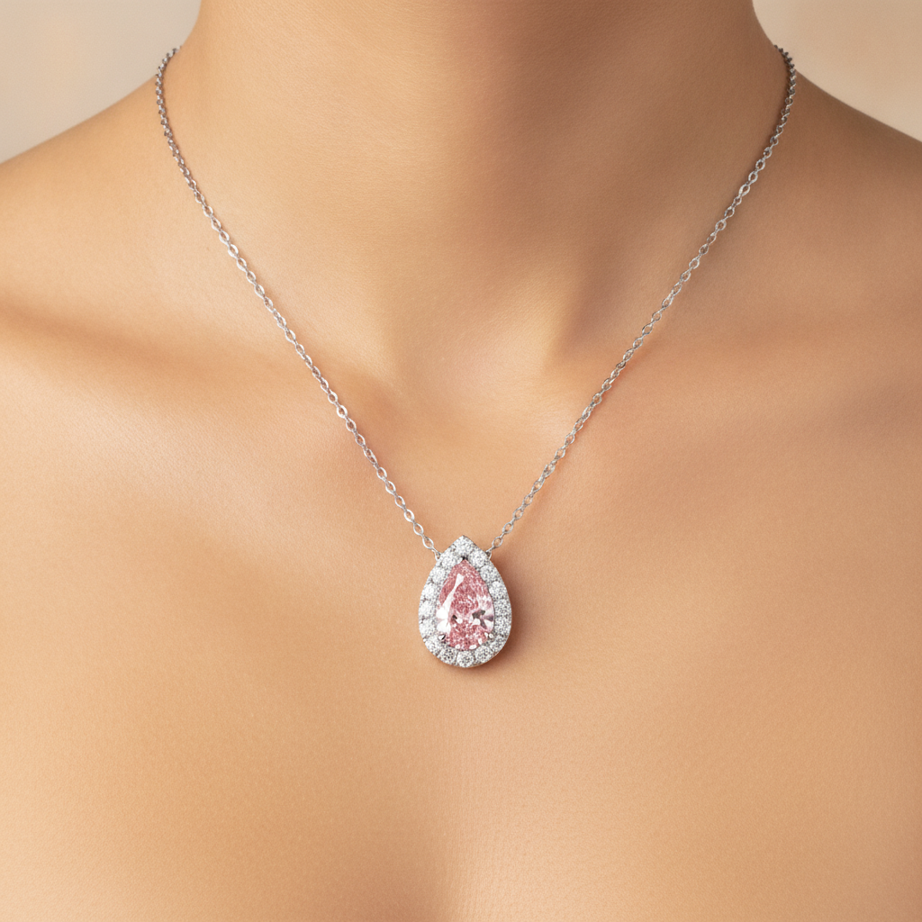 Rosa Diamant-Halskette, 2 Karat, im Labor gezüchtet, Tropfen-Halo-Anhänger, 14 Karat Weißgold