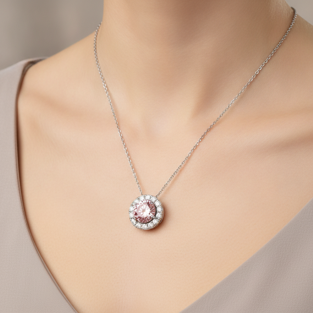 Rosa Diamant-Halskette 2 Karat im Labor gezüchtet Runder Halo-Anhänger 14 Karat Weißgold