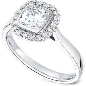 2 ct. Halo Echt Aus der Erde Abgebauter Natürlicher Diamants Ringkissen & runder Aus der Erde Abgebauter Natürlicher Diamant WG 14K Lünette Set