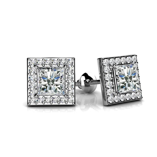 2,40 ct Prinzessin und Rundschliff Halo Echt Diamant Ohrstecker 14K Weißgold