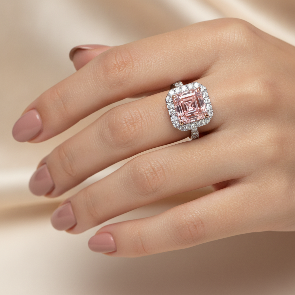 Damen-Verlobungsring mit rosa Diamant, 3,25 Karat, im Labor gezüchtet, Asscher Halo, 14 Karat Weißgold