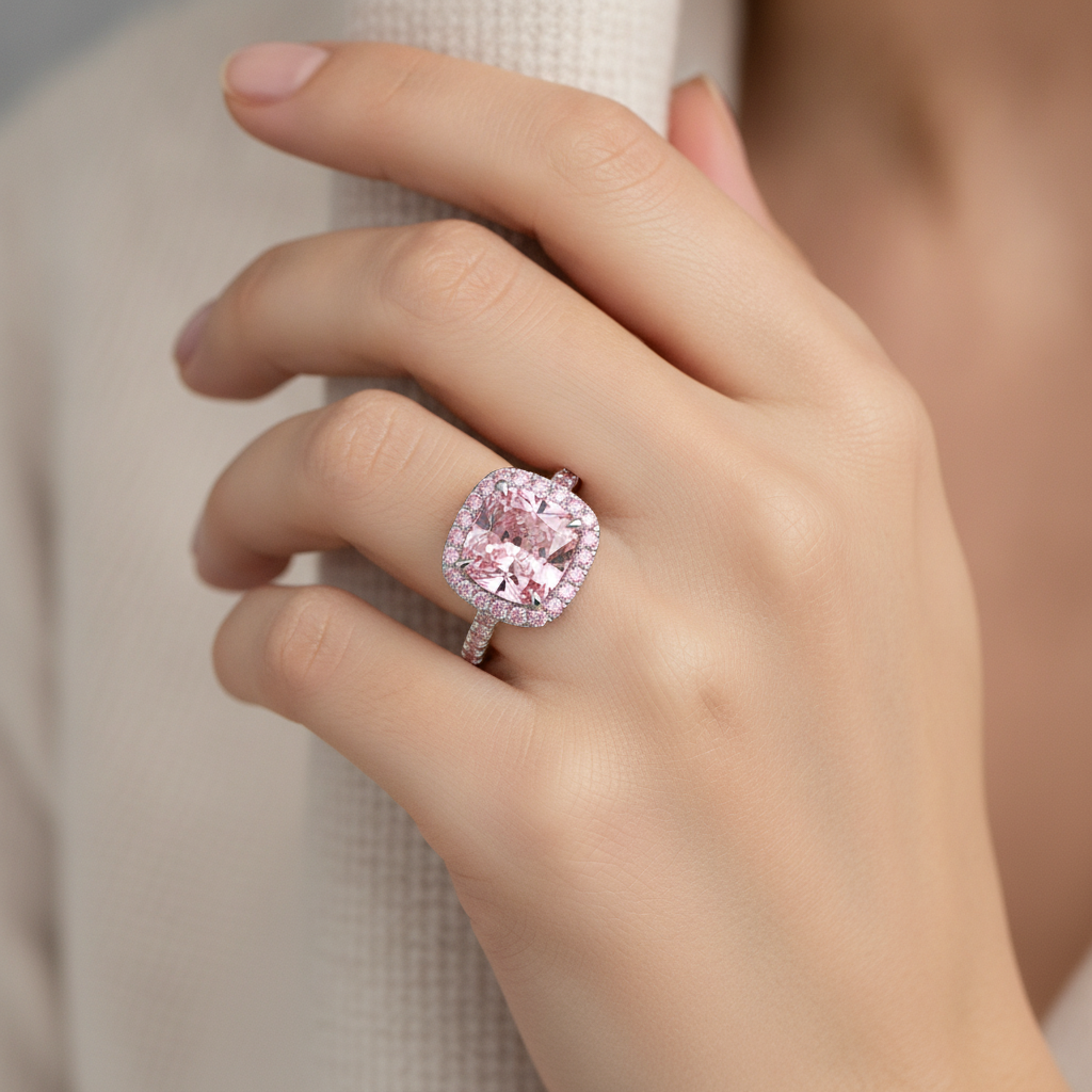 Rosa Verlobungsring 3,25 Karat im Labor gezüchteter Diamant im Kissenschliff Halo Pavé 14 Karat Weißgold