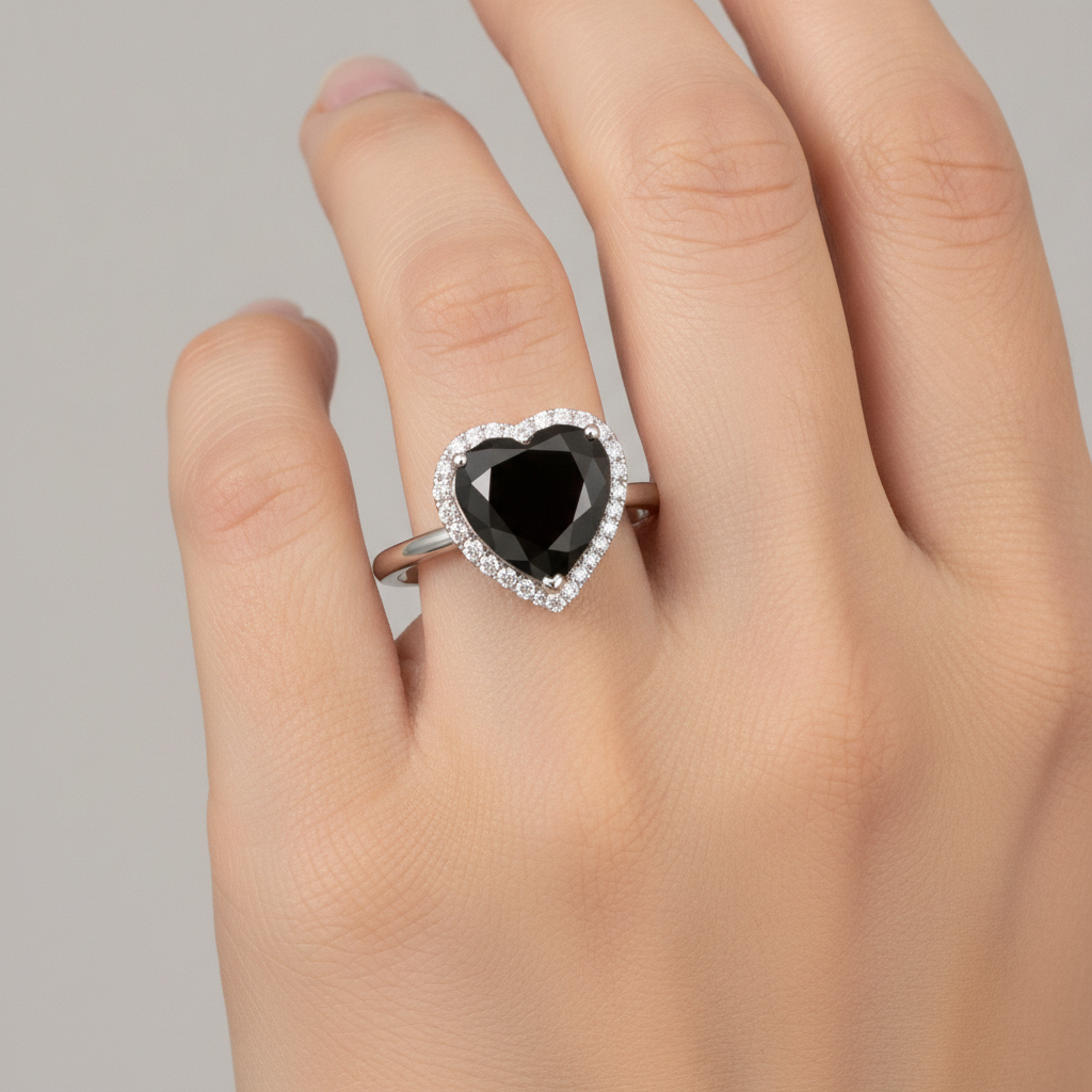 Verlobungsring mit echtem schwarzem Diamanten 3 Karat Herz-Halo Schlicht 14 Karat Weißgold