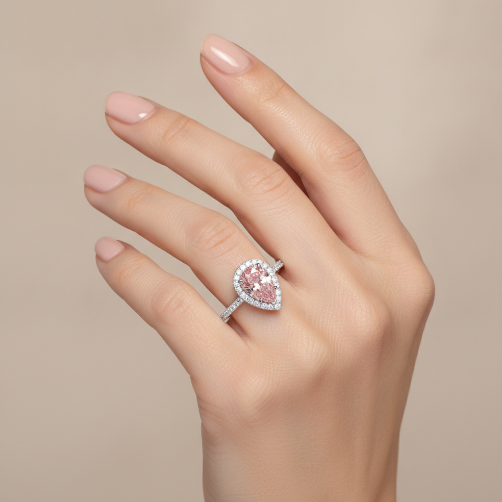 Verlobungsring mit rosa Diamant, 3,5 Karat, im Labor gezüchtet, Tropfenschliff, Halo, 14 Karat Weißgold