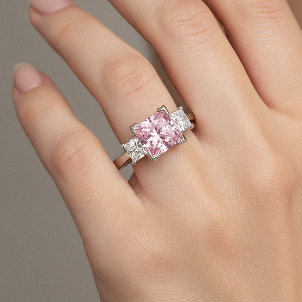 Rosa Diamantring 3,5 Karat im Labor gezüchtet Princess-Schliff Drei-Stein 14 Karat Weißgold