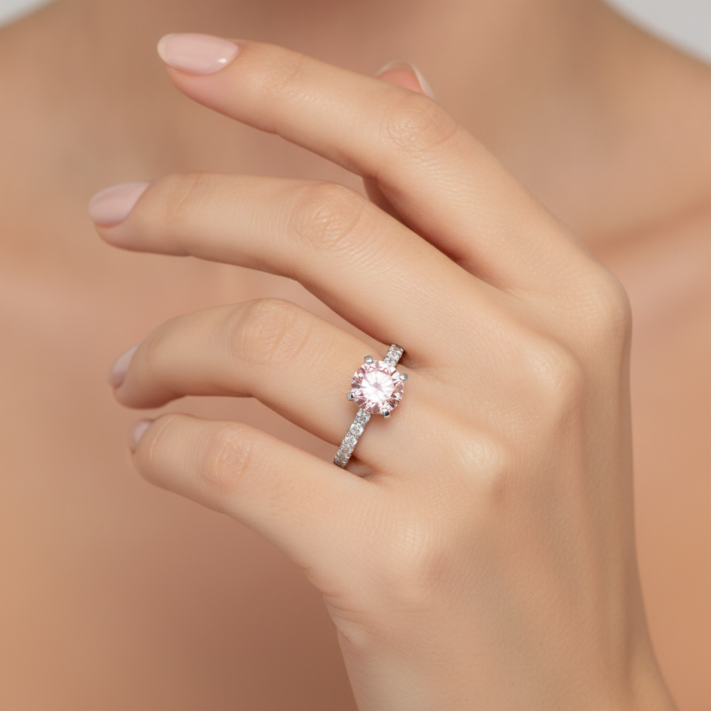 Rosa Diamantring, 3,5 Karat, im Labor gezüchtet, rund, Pavé, 14 Karat Weißgold