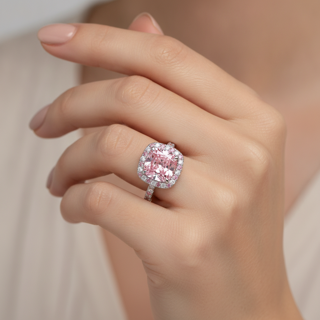 Im Labor gezüchteter rosa Diamant, 3,75 Karat Halo-Ring im Kissenschliff, 14 Karat Weißgold