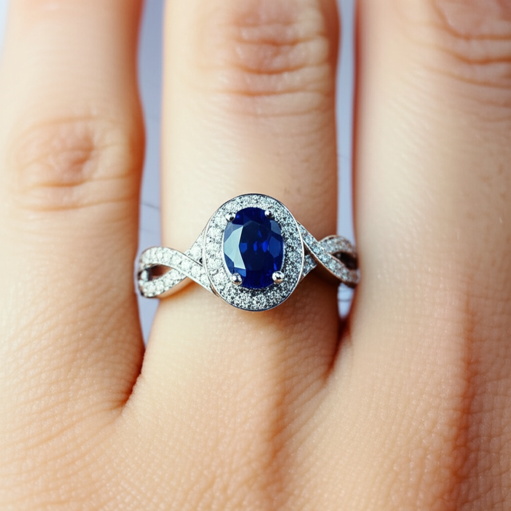 3 Karat Ceylon Saphir Aus der Erde Abgebauter Natürlicher Diamant Twist Ring Weißgold 14K Damen Schmuck
