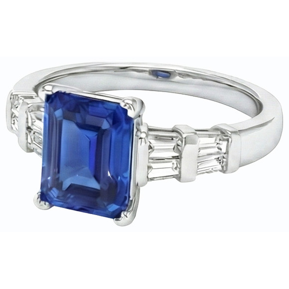 3 Karat Gold-Smaragd-Ceylon-Saphir-Ring mit Baguette-Natürlicher Diamant ( nicht im Labor gezüchtet )en