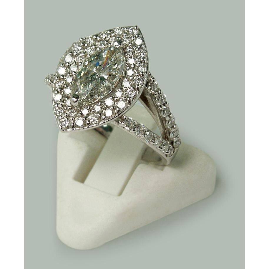 3 Karat doppelter Halo Marquise Echt Diamant-Verlobungsring mit geteiltem Schaft