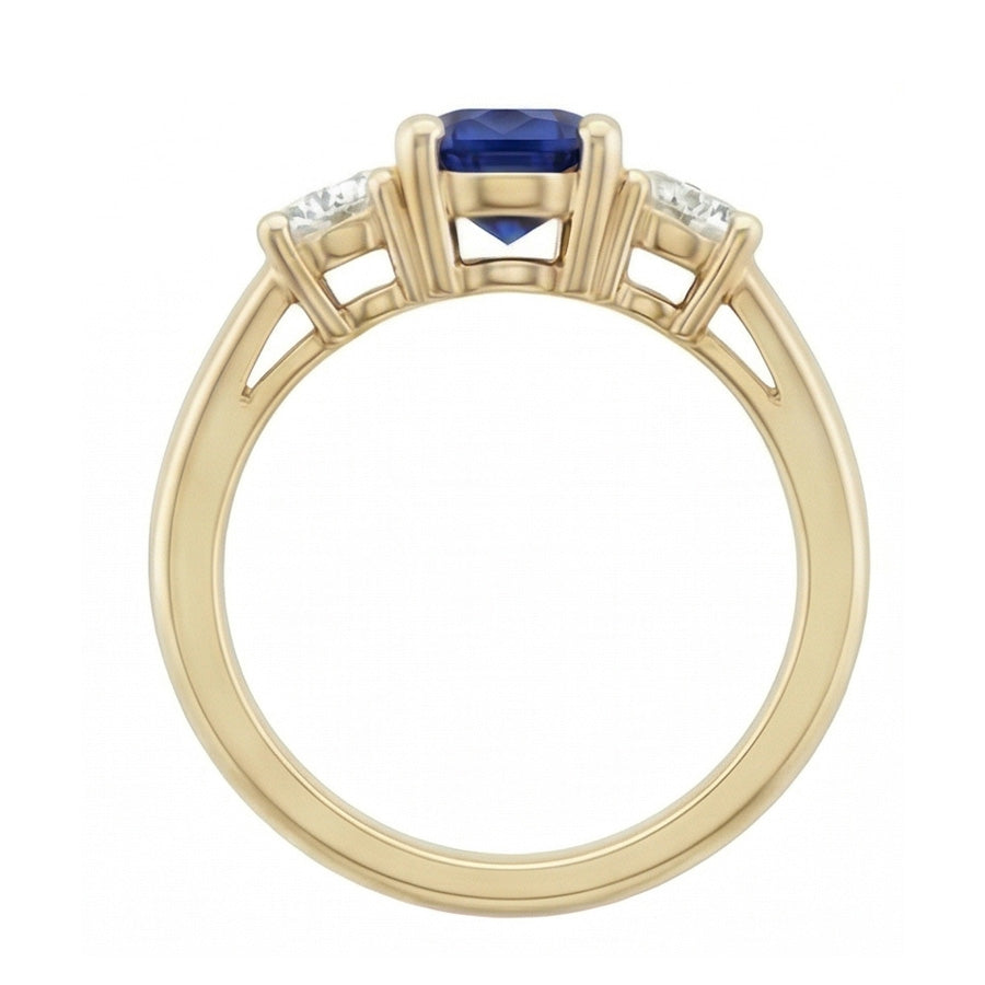 3 Karat runder Aus der Erde Abgebauter Natürlicher Diamant-Saphir-Ring 3 Steine, konischer Schaft Gelbgold