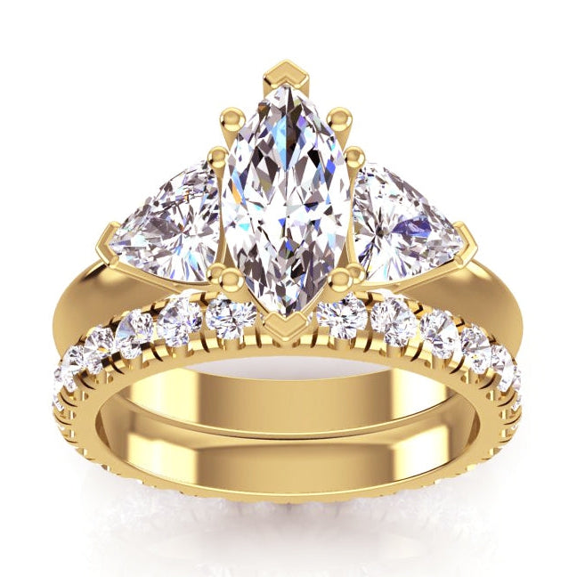 3-Stein-Marquise-Echt Diamant-Billionen-Ring & passendes Band