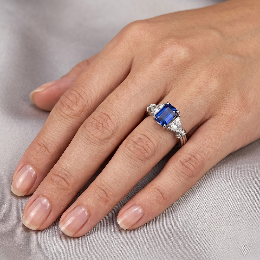 3 Stein Trilliant Natürlicher Diamant ( nicht im Labor gezüchtet ) Ring 1,50 Karat Strahlender Gold Saphir 14K