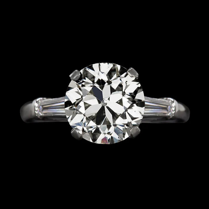 3 Steine Baguette & Runder Alter Minenschliff Echt Diamantring Gold 4 Karat