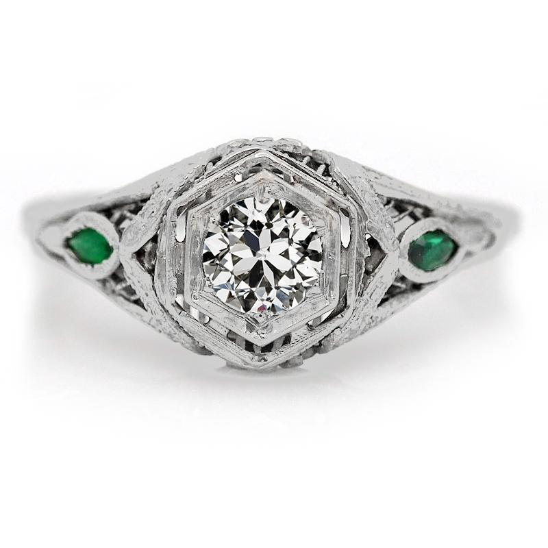 3 Steine Ring Alter Minenschliff Diamant & Ovale Smaragde 2 Karatbr
