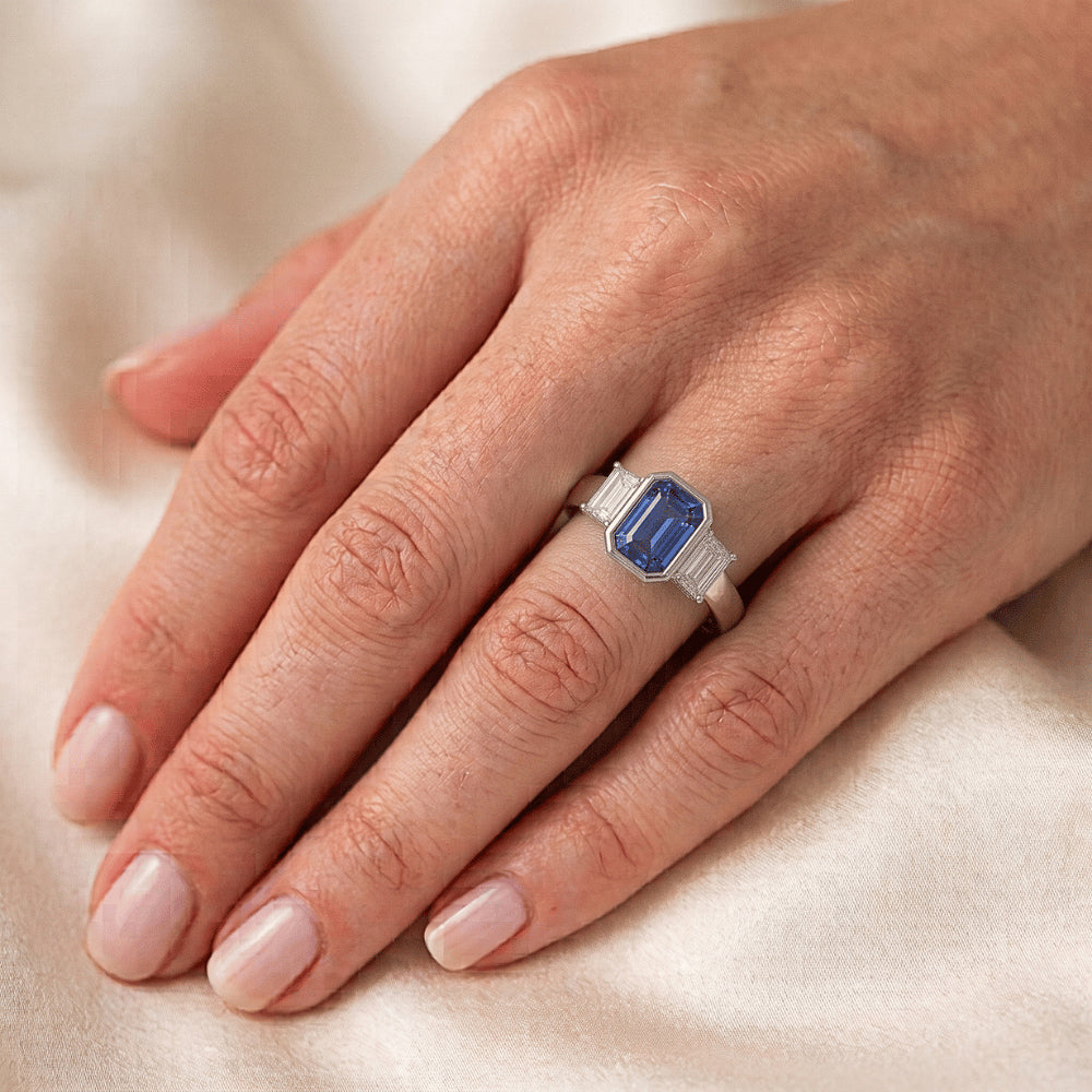 3 Steine Ring Smaragd Blue Sapphire & Princess Natürlicher Diamant ( nicht im Labor gezüchtet )s 1.50 Karat