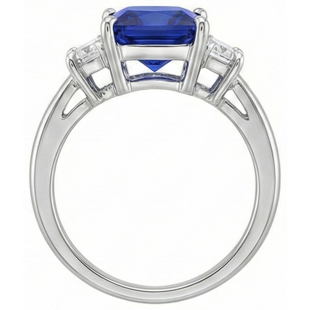 3 Steingoldring Princess Blue Saphir & Trapezoid Aus der Erde Abgebauter Natürlicher Diamanten 4 Karat