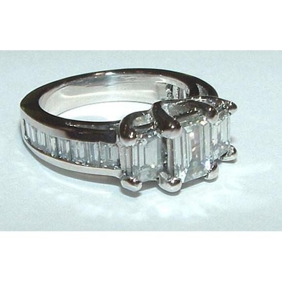 3 ct. Smaragd & Baguettes Drei-Stein-Echt Diamant-Ring Weißgold 14K