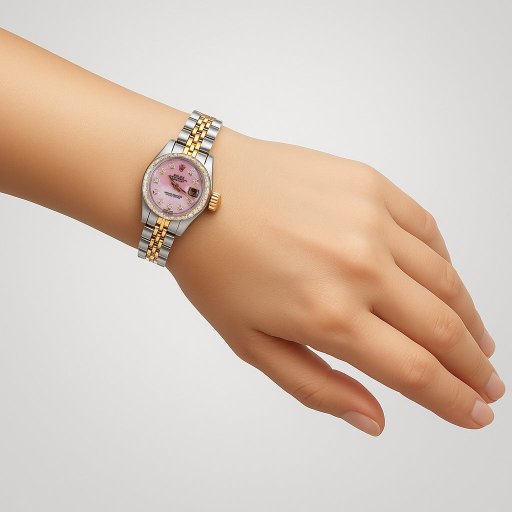Rolex Datejust Zweifarbige Damenuhr mit rosa Perlmutt Diamant Zifferblatt