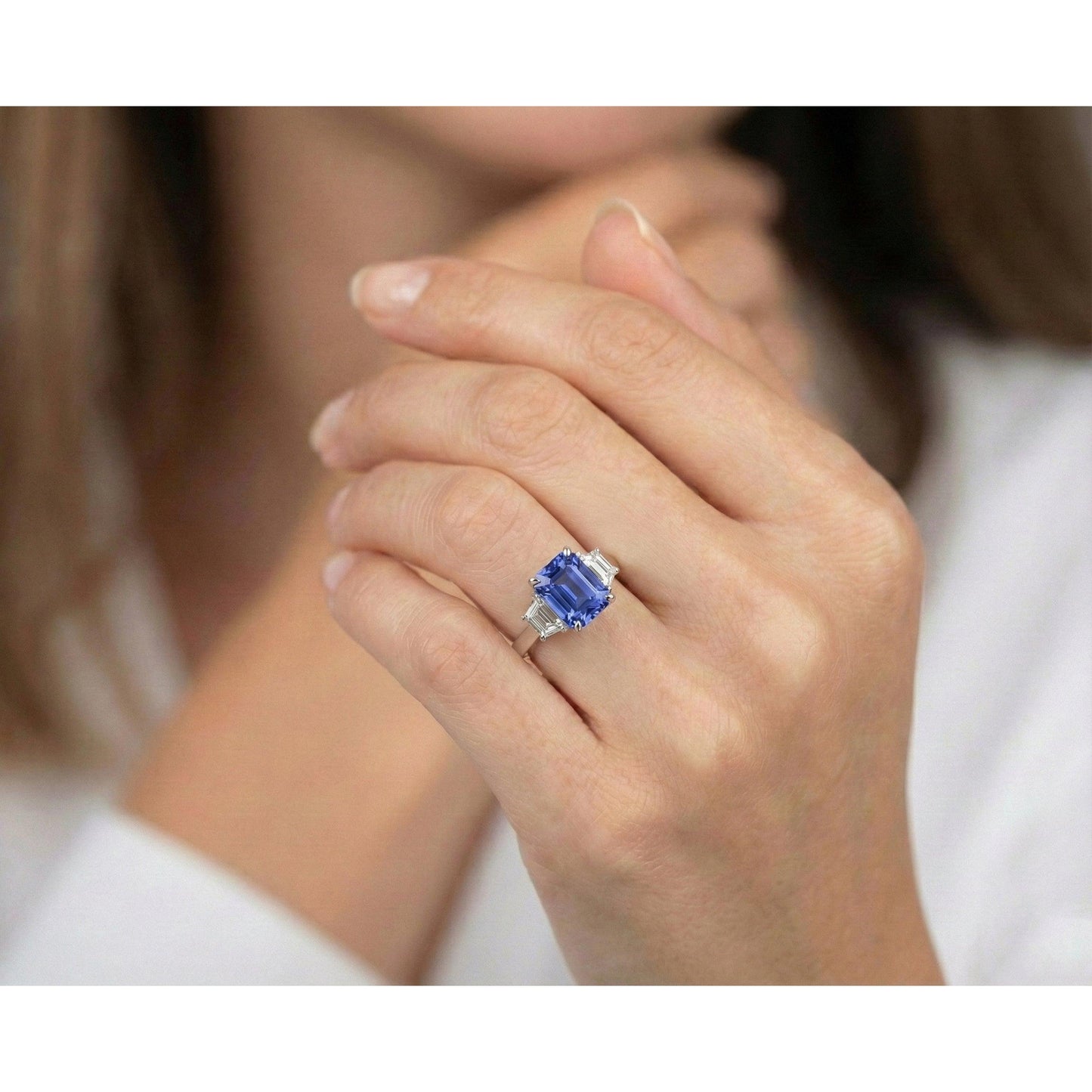3 Steine Ring Trapezoid Natürlicher Diamant ( nicht im Labor gezüchtet ) & Ceylon Saphir 3,50 Karat Krappenset